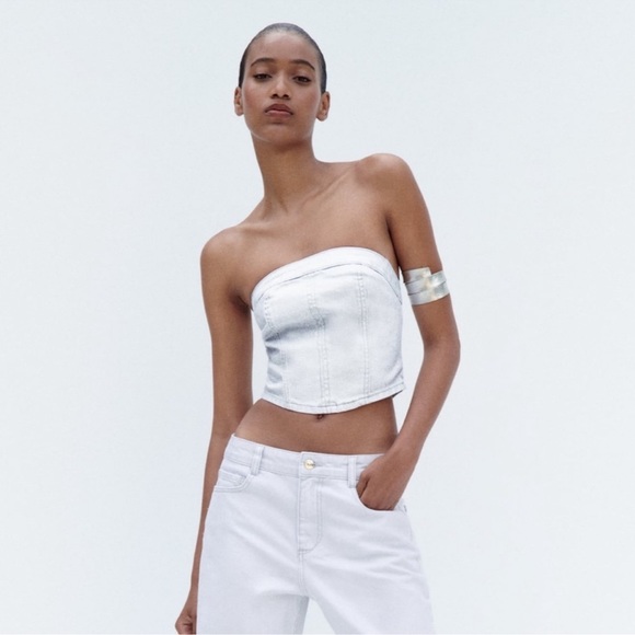 【送料&関税込】Off-White Denim Bustier Top Cyan Ecru Belted Bustier Top